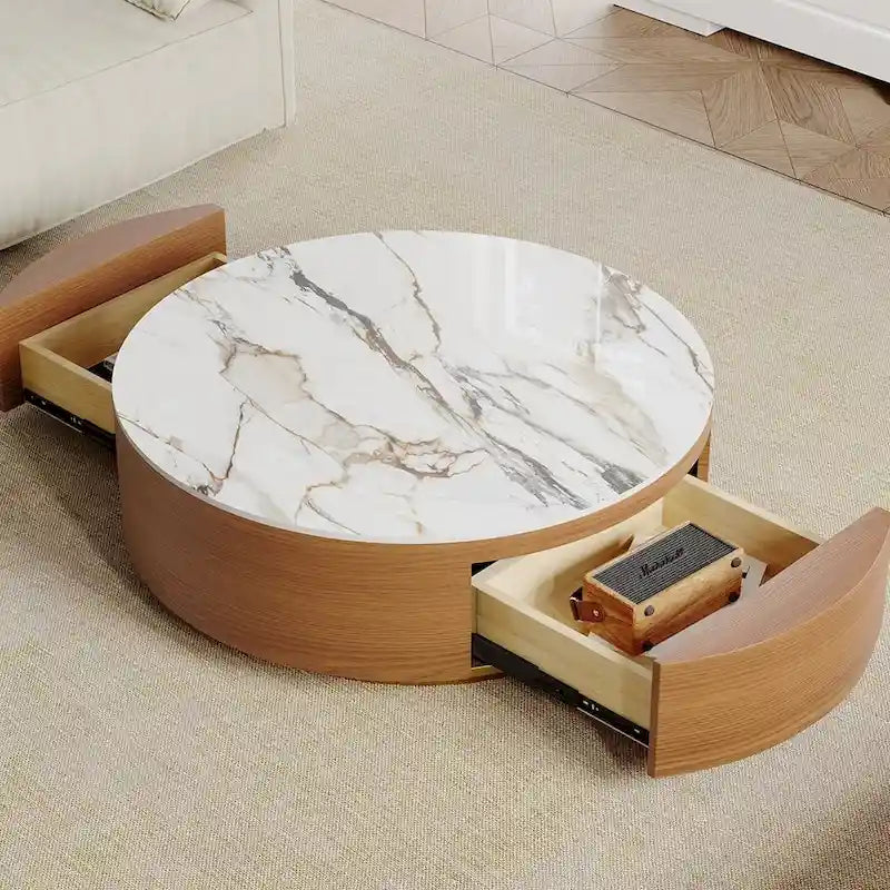 Table basse tambour moderne avec placage de chêne, table basse en pierre frittée avec 2 tiroirs en bois massif, entièrement assemblée, blanche