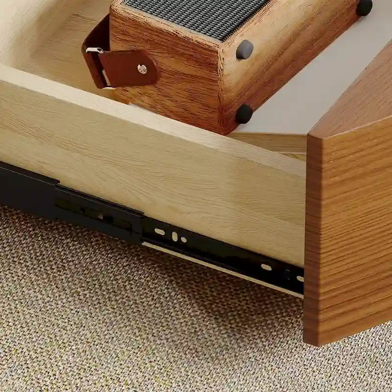 Table basse tambour moderne avec placage de chêne, table basse en pierre frittée avec 2 tiroirs en bois massif, entièrement assemblée, blanche