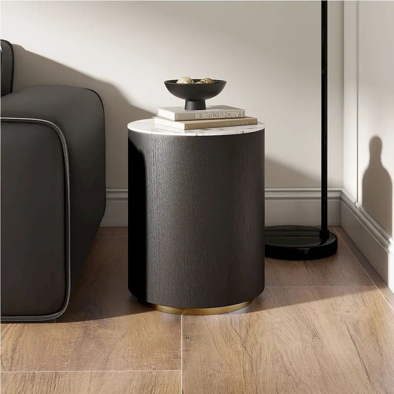 Table basse tambour moderne avec placage de chêne, table basse en pierre frittée avec 2 tiroirs en bois massif, entièrement assemblée, blanche