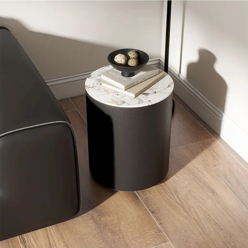 Table basse tambour moderne avec placage de chêne, table basse en pierre frittée avec 2 tiroirs en bois massif, entièrement assemblée, blanche
