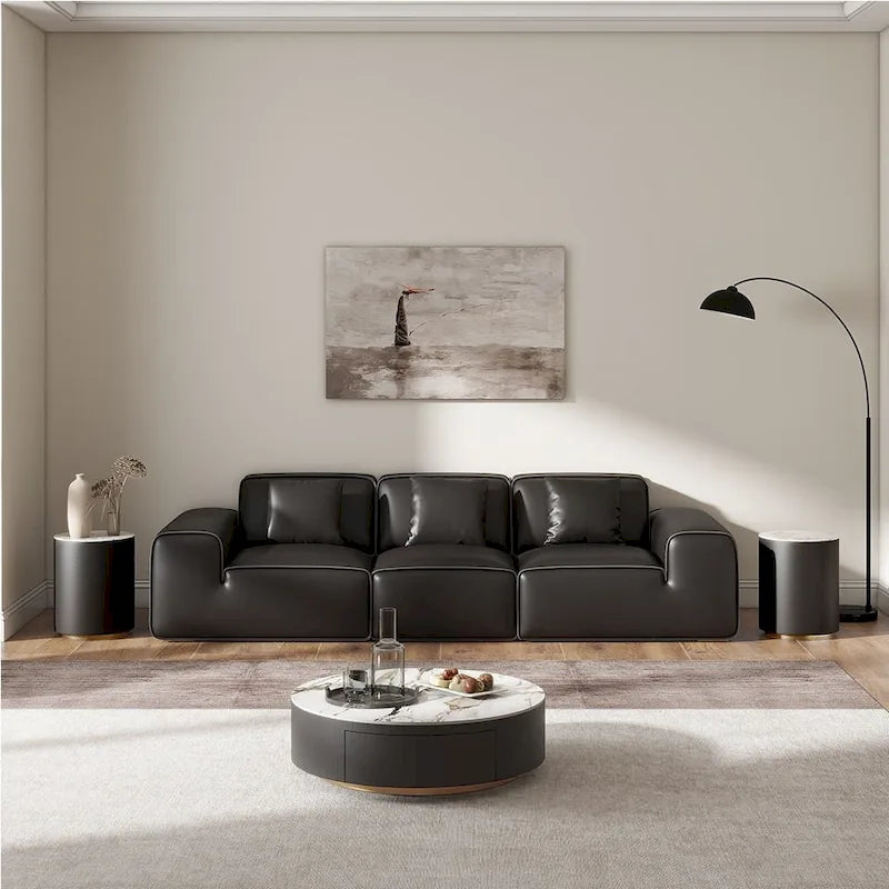 Table basse tambour moderne avec placage de chêne, table basse en pierre frittée avec 2 tiroirs en bois massif, entièrement assemblée, blanche