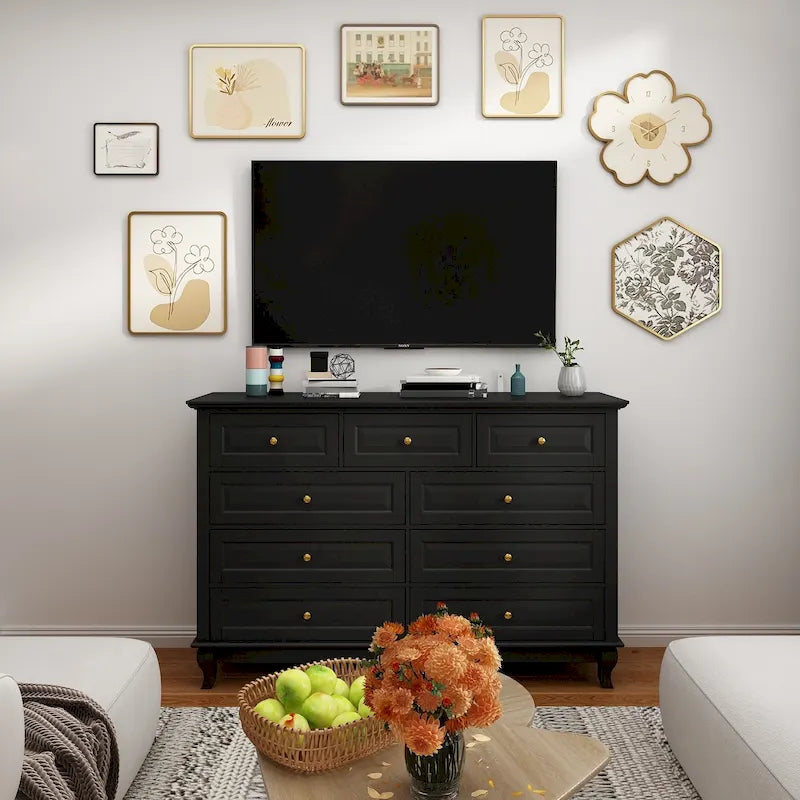 Commode à 9 tiroirs avec pieds en bois massif, console en laque
