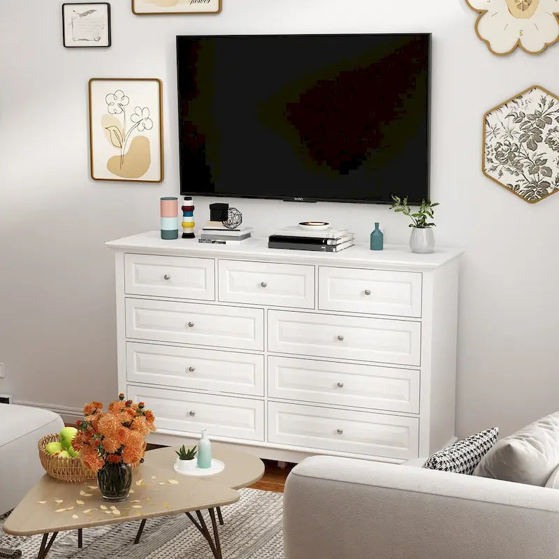 Commode à 9 tiroirs avec pieds en bois massif, console en laque