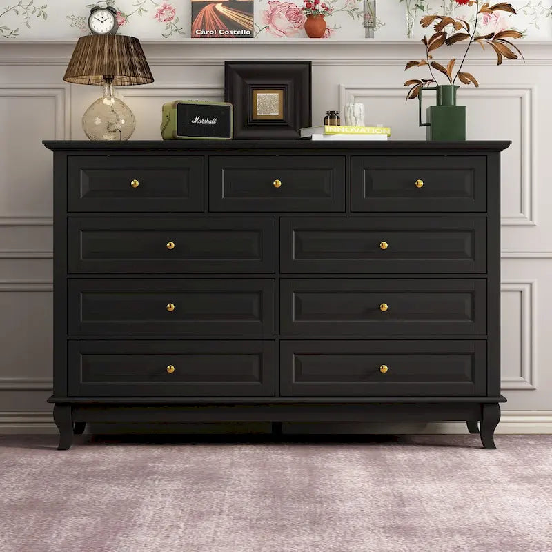 Commode à 9 tiroirs avec pieds en bois massif, console en laque