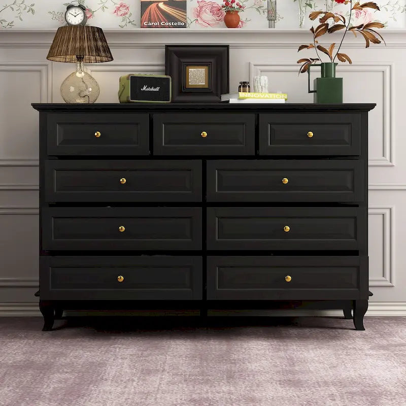Commode à 9 tiroirs avec pieds en bois massif, console en laque