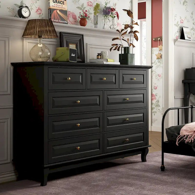 Commode à 9 tiroirs avec pieds en bois massif, console en laque