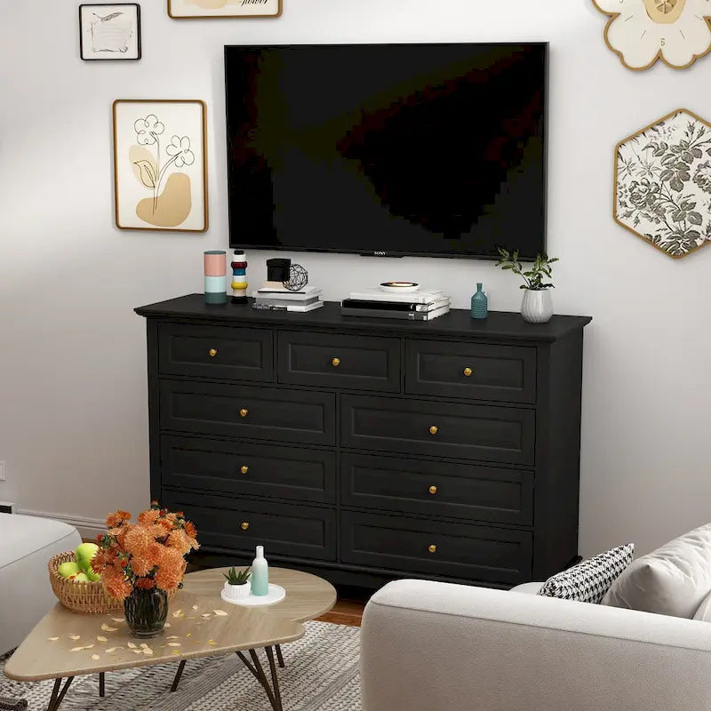 Commode à 9 tiroirs avec pieds en bois massif, console en laque