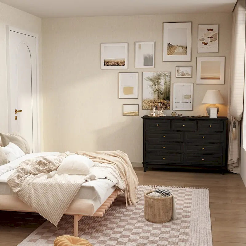 Commode à 9 tiroirs avec pieds en bois massif, console en laque