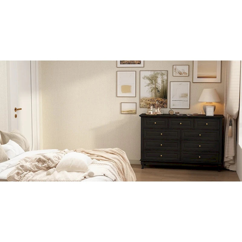 Commode à 9 tiroirs avec pieds en bois massif, console en laque
