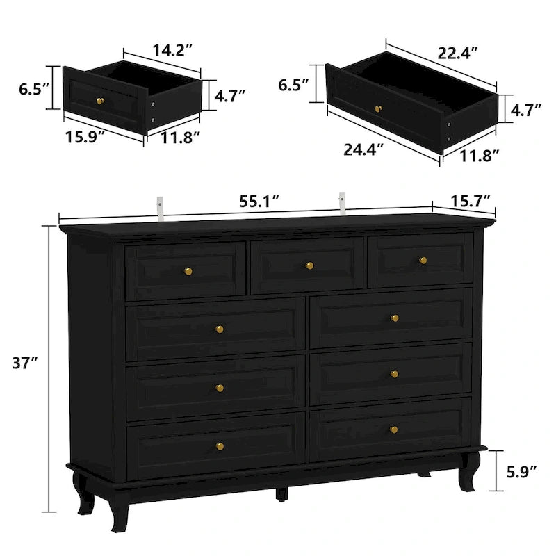Commode à 9 tiroirs avec pieds en bois massif, console en laque