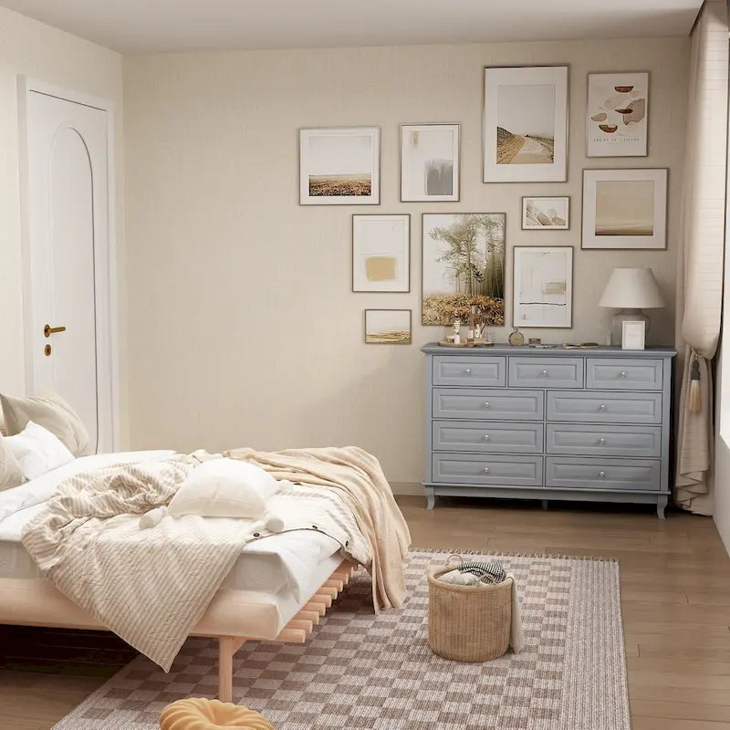Commode à 9 tiroirs avec pieds en bois massif, console en laque