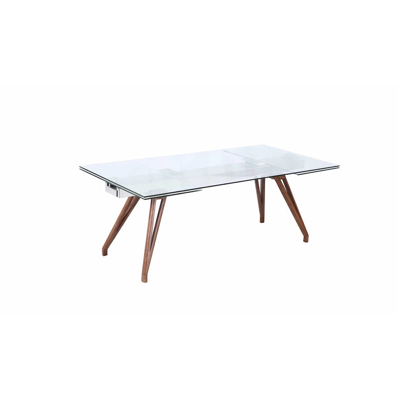 Table à manger moderne avec plateau en verre extensible et pieds en bois massif