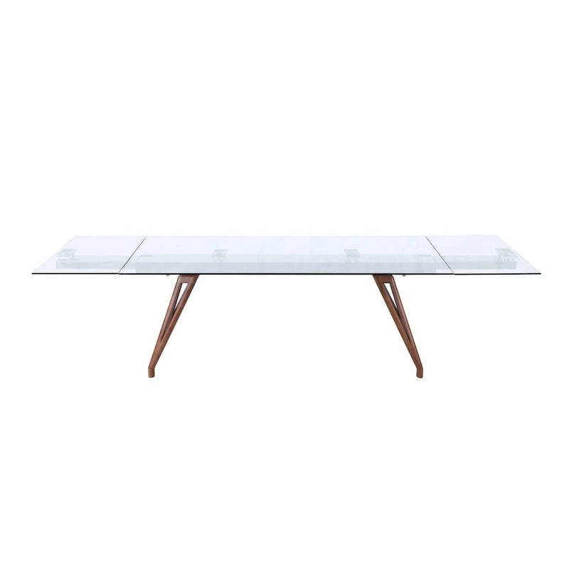 Table à manger moderne avec plateau en verre extensible et pieds en bois massif