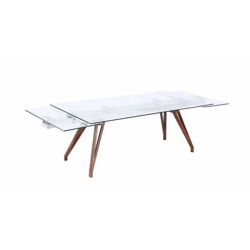 Table à manger moderne avec plateau en verre extensible et pieds en bois massif
