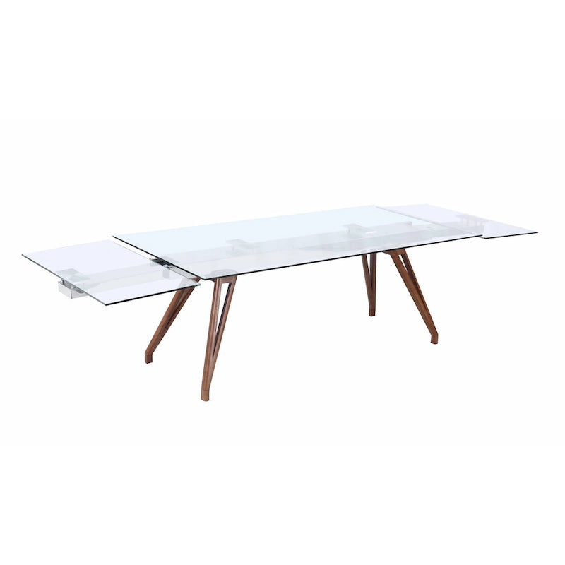 Table à manger moderne avec plateau en verre extensible et pieds en bois massif
