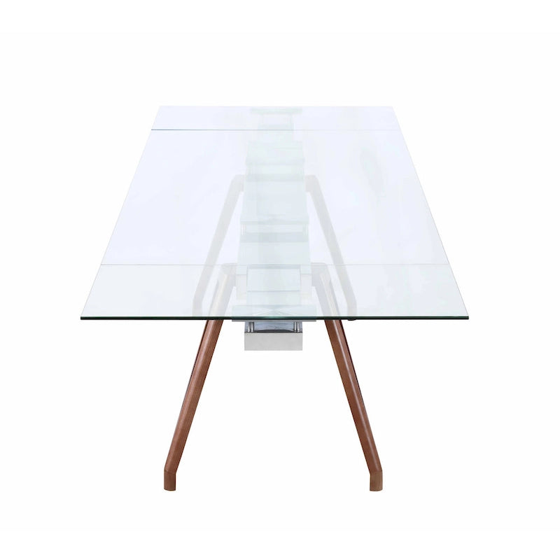 Table à manger moderne avec plateau en verre extensible et pieds en bois massif