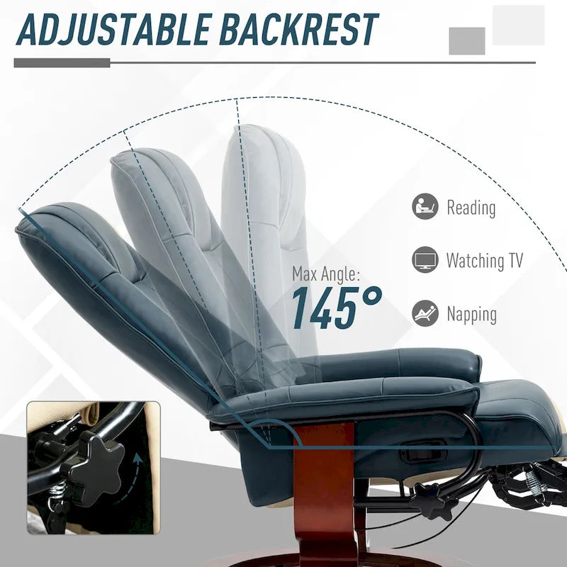 Fauteuil inclinable en similicuir avec base pivotante manuelle réglable, et repose-pieds confortable et relaxant