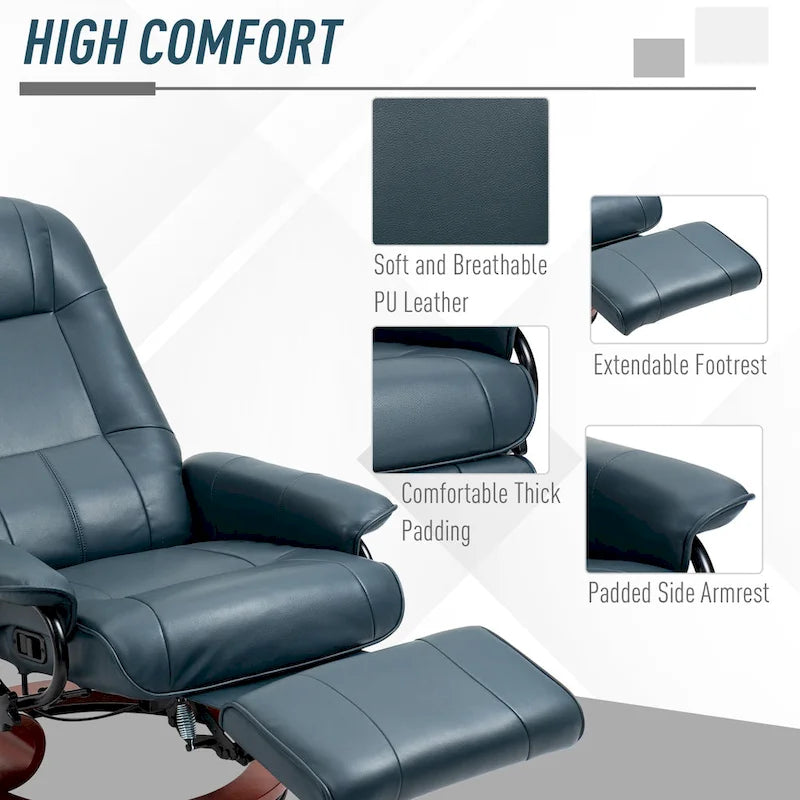 Fauteuil inclinable en similicuir avec base pivotante manuelle réglable, et repose-pieds confortable et relaxant
