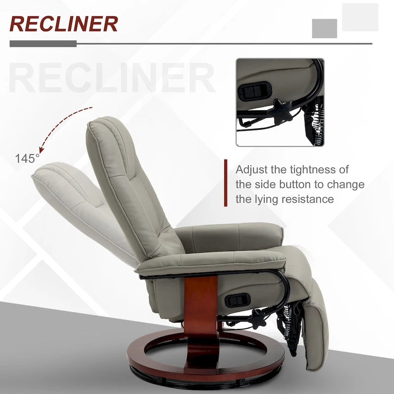 Fauteuil inclinable en similicuir avec base pivotante manuelle réglable, et repose-pieds confortable et relaxant