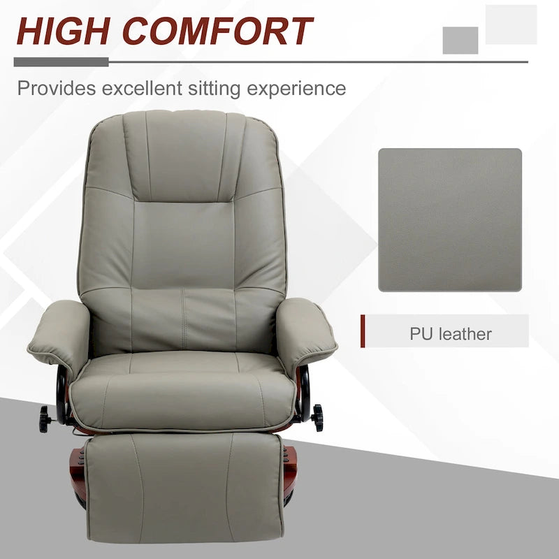 Fauteuil inclinable en similicuir avec base pivotante manuelle réglable, et repose-pieds confortable et relaxant