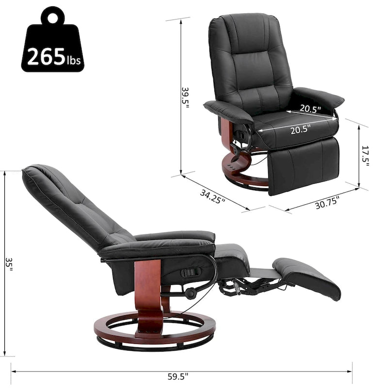 Fauteuil inclinable en similicuir avec base pivotante manuelle réglable, et repose-pieds confortable et relaxant