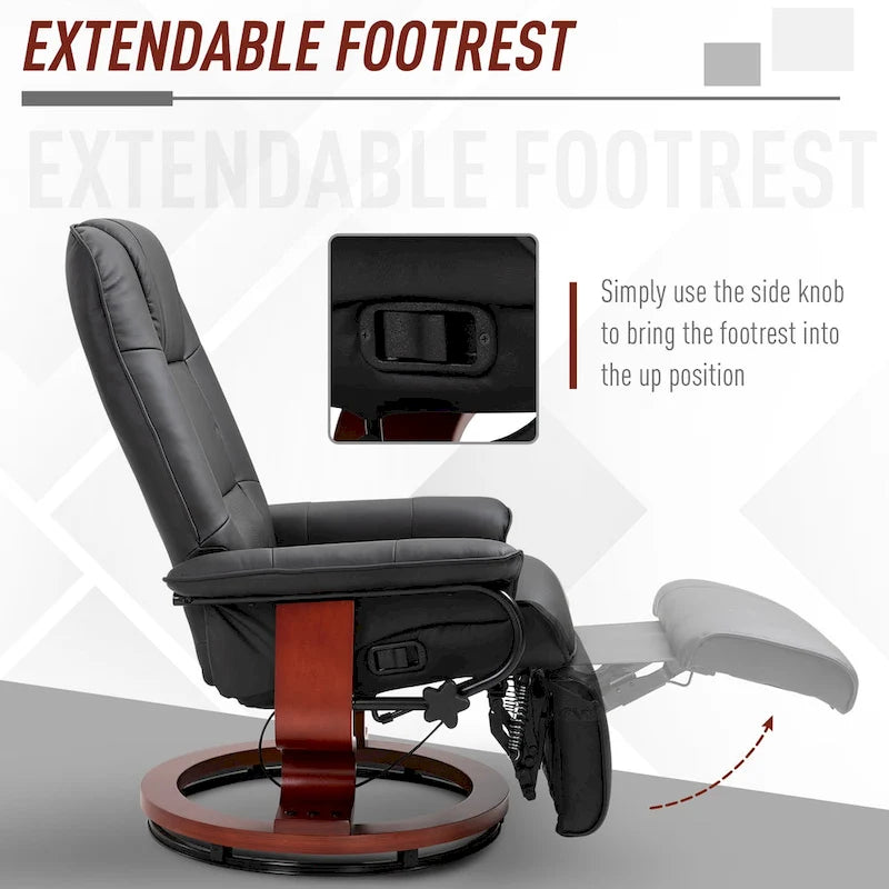 Fauteuil inclinable en similicuir avec base pivotante manuelle réglable, et repose-pieds confortable et relaxant