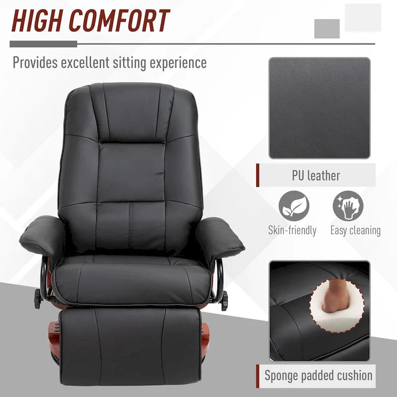 Fauteuil inclinable en similicuir avec base pivotante manuelle réglable, et repose-pieds confortable et relaxant