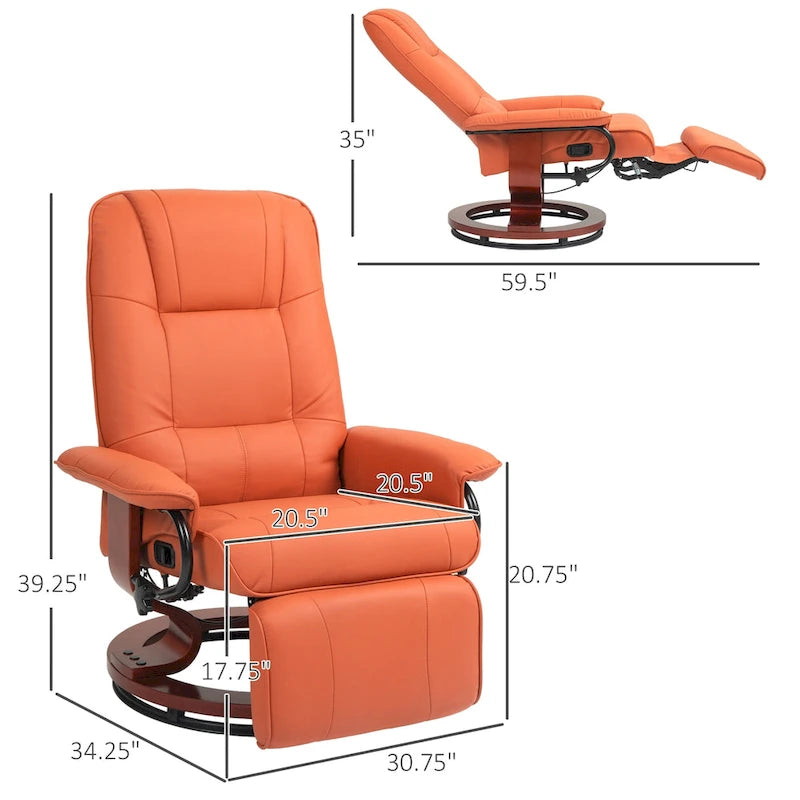 Fauteuil inclinable en similicuir avec base pivotante manuelle réglable, et repose-pieds confortable et relaxant