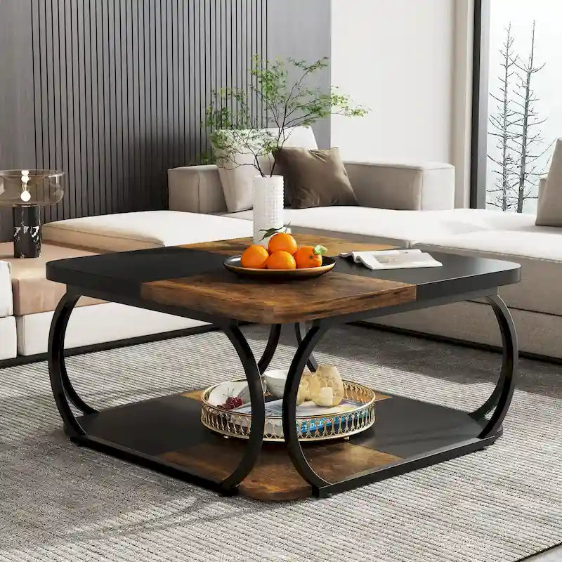 Table basse carrée à 2 niveaux avec étagère de rangement, table basse de ferme en bois de 99 cm pour salon moderne