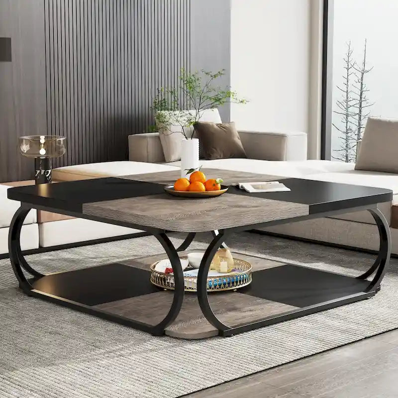 Table basse carrée à 2 niveaux avec étagère de rangement, table basse de ferme en bois de 99 cm pour salon moderne