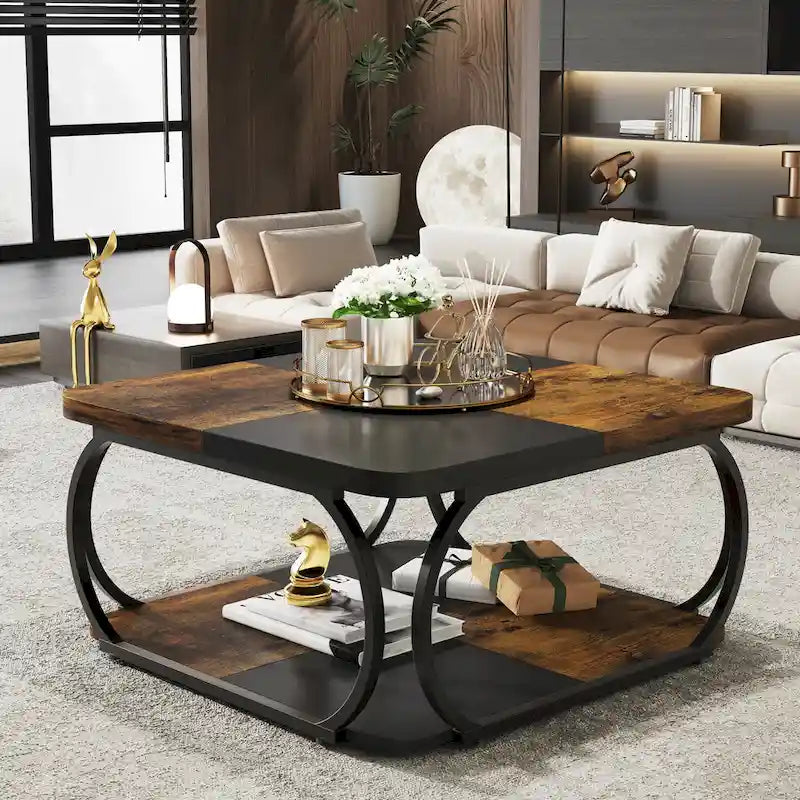 Table basse carrée à 2 niveaux avec étagère de rangement, table basse de ferme en bois de 99 cm pour salon moderne