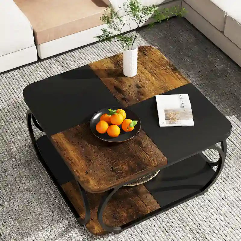Table basse carrée à 2 niveaux avec étagère de rangement, table basse de ferme en bois de 99 cm pour salon moderne