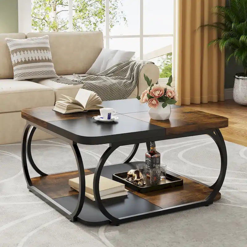 Table basse carrée à 2 niveaux avec étagère de rangement, table basse de ferme en bois de 99 cm pour salon moderne