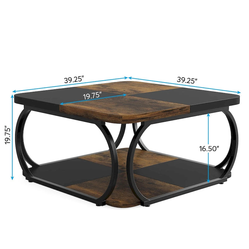 Table basse carrée à 2 niveaux avec étagère de rangement, table basse de ferme en bois de 99 cm pour salon moderne