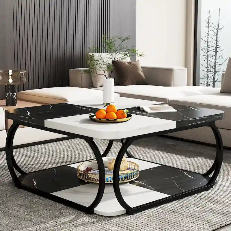 Table basse carrée à 2 niveaux avec étagère de rangement, table basse de ferme en bois de 99 cm pour salon moderne