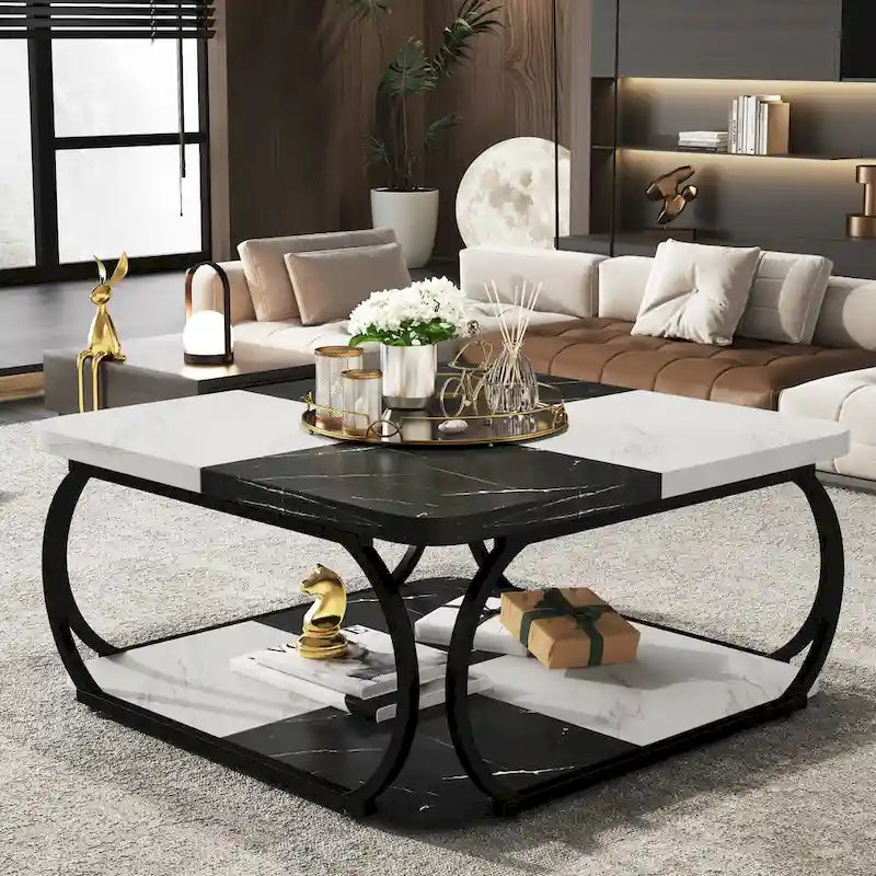Table basse carrée à 2 niveaux avec étagère de rangement, table basse de ferme en bois de 99 cm pour salon moderne