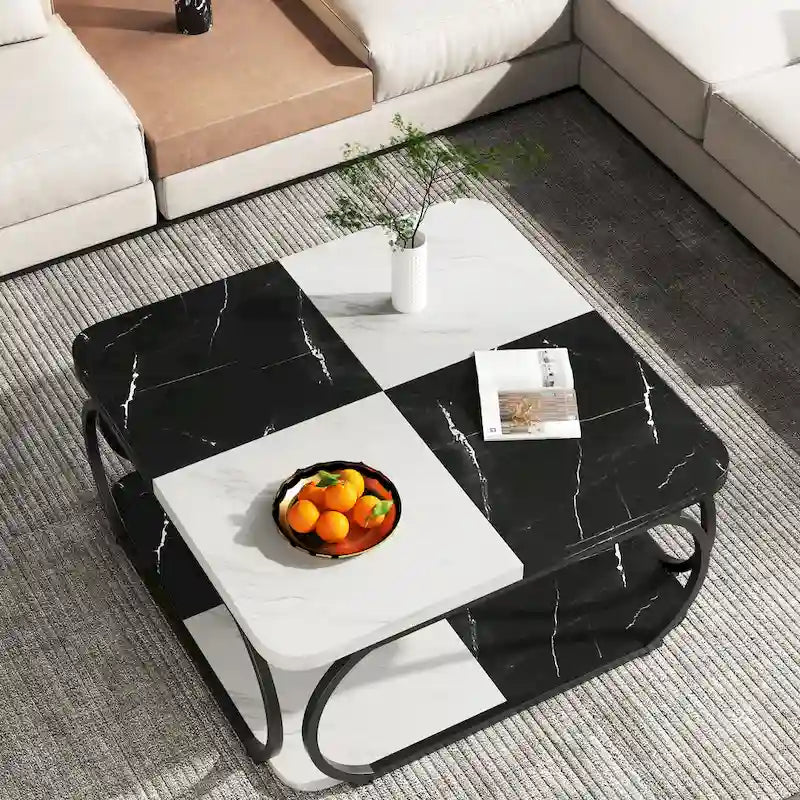 Table basse carrée à 2 niveaux avec étagère de rangement, table basse de ferme en bois de 99 cm pour salon moderne