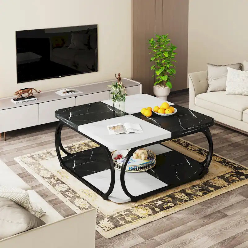Table basse carrée à 2 niveaux avec étagère de rangement, table basse de ferme en bois de 99 cm pour salon moderne