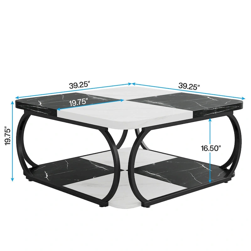 Table basse carrée à 2 niveaux avec étagère de rangement, table basse de ferme en bois de 99 cm pour salon moderne