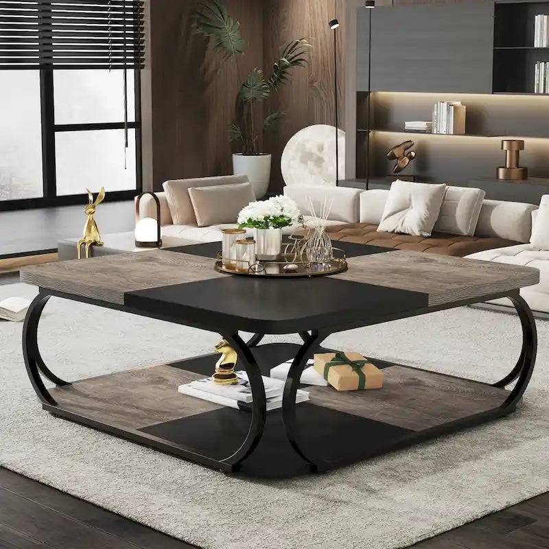 Table basse carrée à 2 niveaux avec étagère de rangement, table basse de ferme en bois de 99 cm pour salon moderne