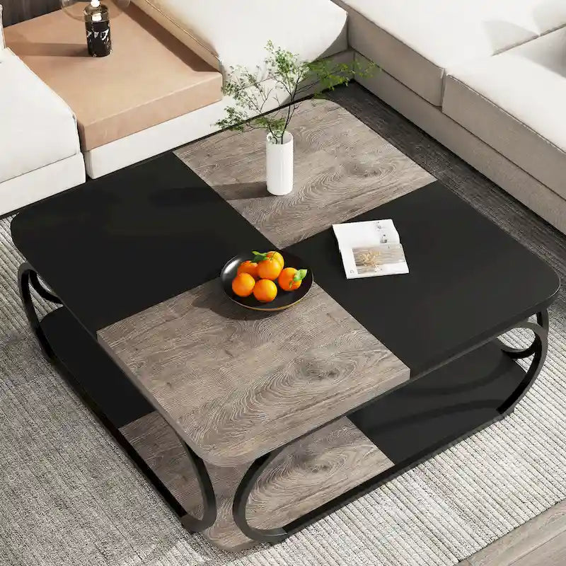 Table basse carrée à 2 niveaux avec étagère de rangement, table basse de ferme en bois de 99 cm pour salon moderne