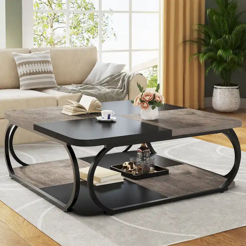 Table basse carrée à 2 niveaux avec étagère de rangement, table basse de ferme en bois de 99 cm pour salon moderne