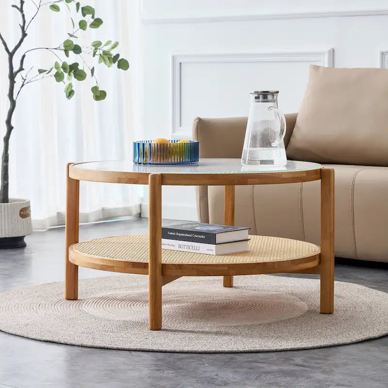 Table basse ronde en bois massif à double plateau