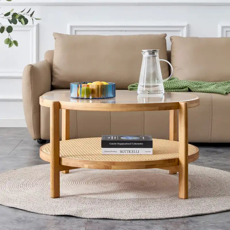 Table basse ronde en bois massif à double plateau