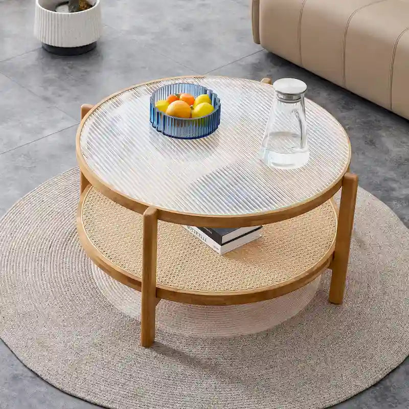 Table basse ronde en bois massif à double plateau