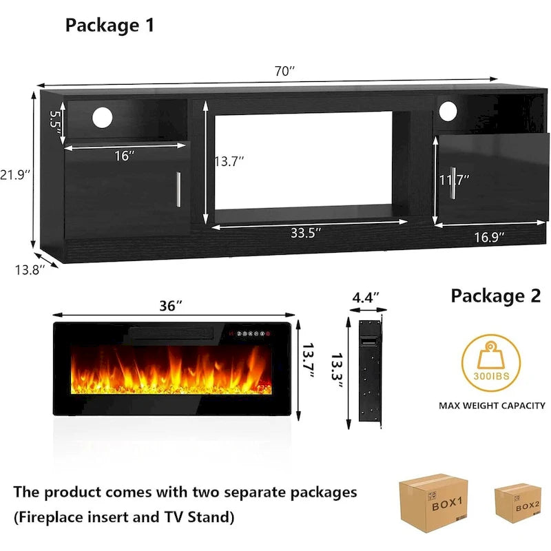 Meuble TV de 70 po avec foyer électrique de 36 po