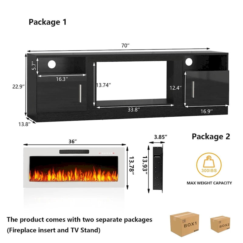 Meuble TV de 70 po avec foyer électrique de 36 po