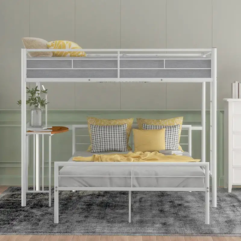 Lit superposé en métal une place et demie avec bureau, échelle et lattes de qualité pour chambre à coucher, blanc métallique