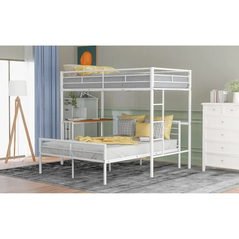 Lit superposé en métal une place et demie avec bureau, échelle et lattes de qualité pour chambre à coucher, blanc métallique