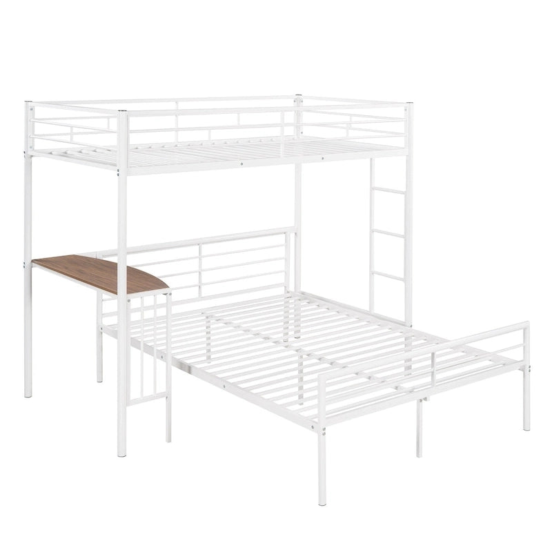 Lit superposé en métal une place et demie avec bureau, échelle et lattes de qualité pour chambre à coucher, blanc métallique